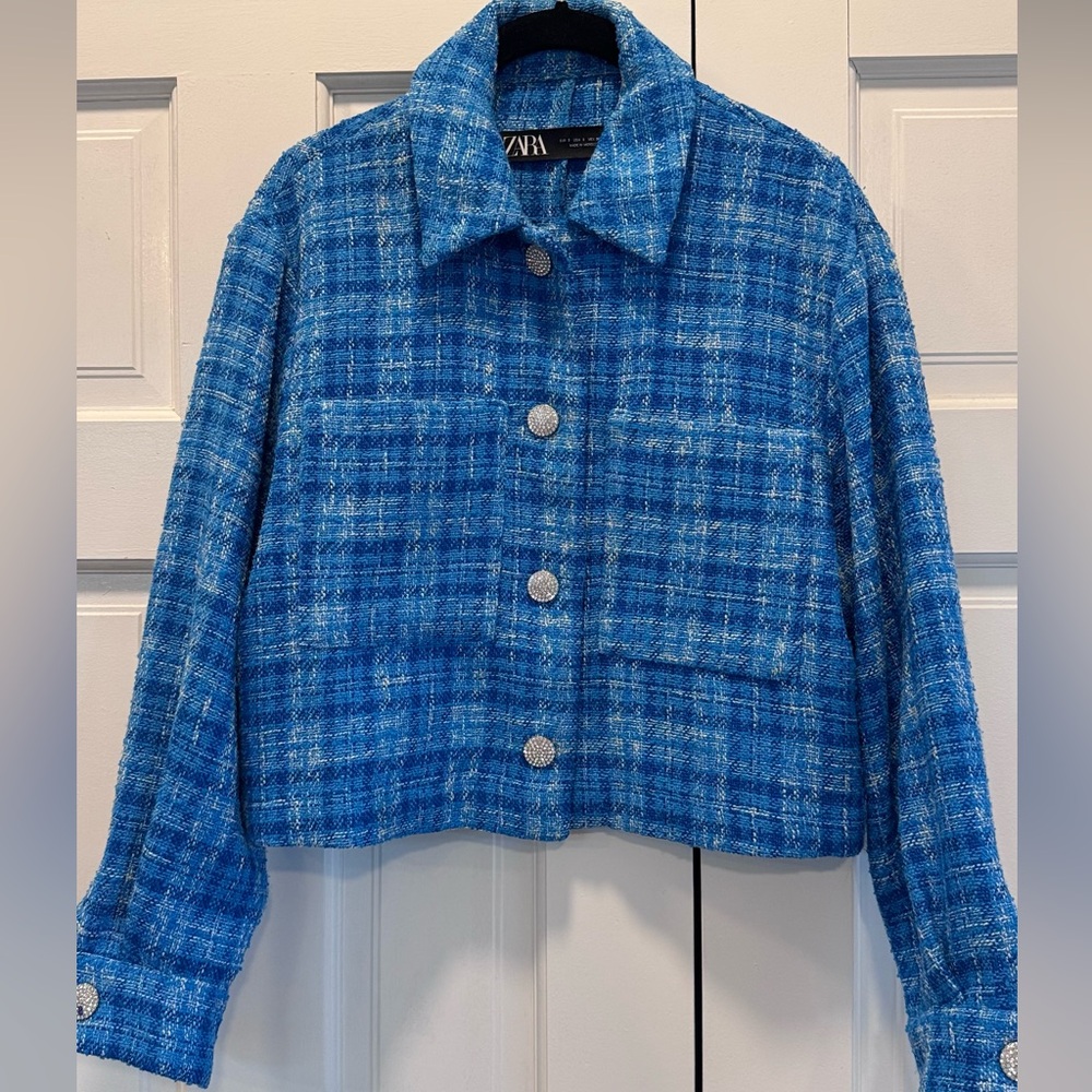 Zara Bright Blue Plaid Tweed Cropped Jacket